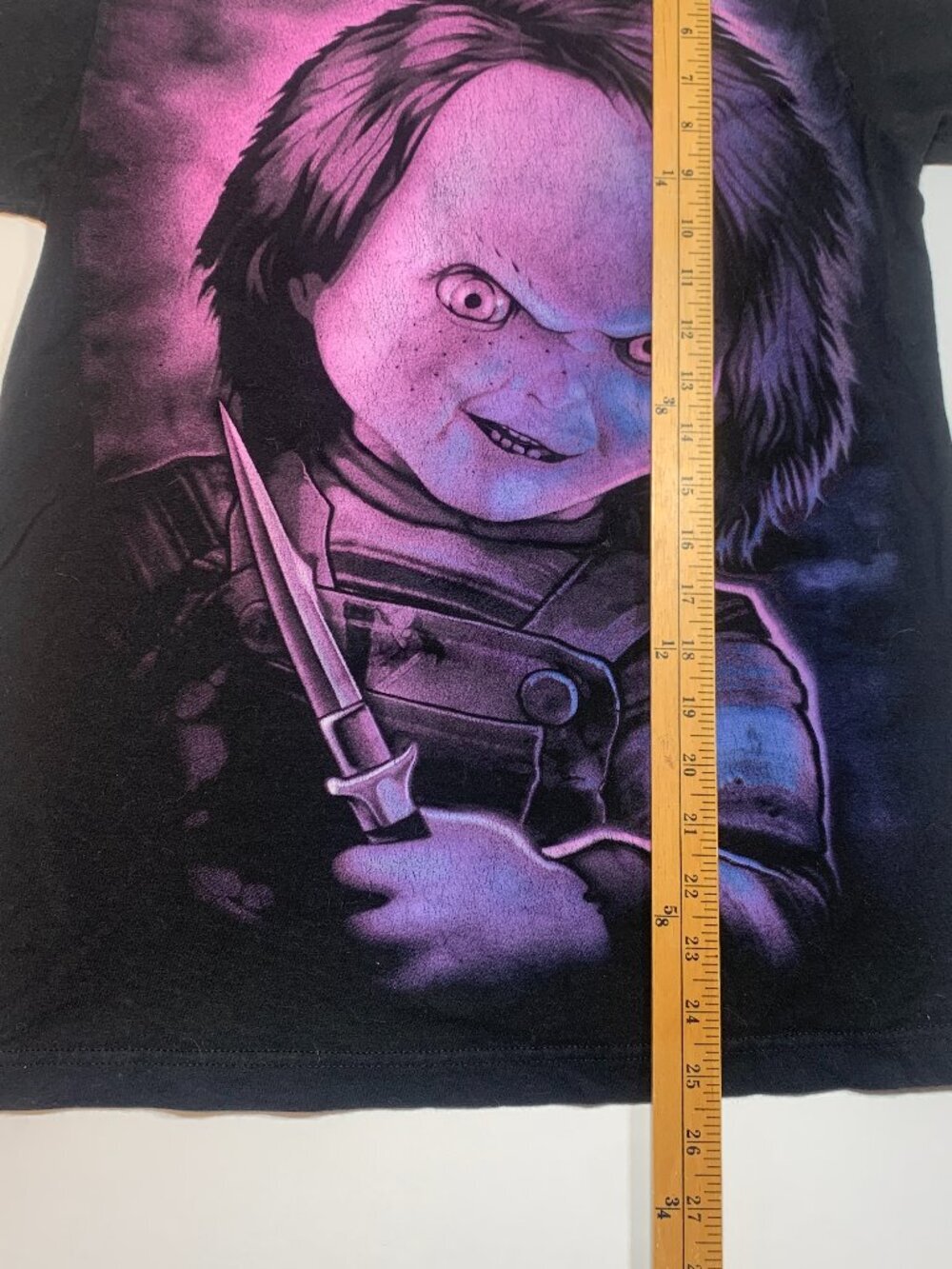Chucky Horror Graphic Tee Black Movie Shirt Neon Purple Blue Size L - Picture 4 of 7